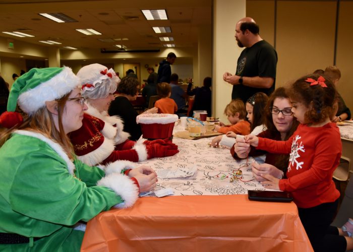 2019 Pie Party, coloring fun with Mrs. Claus and her elf friend